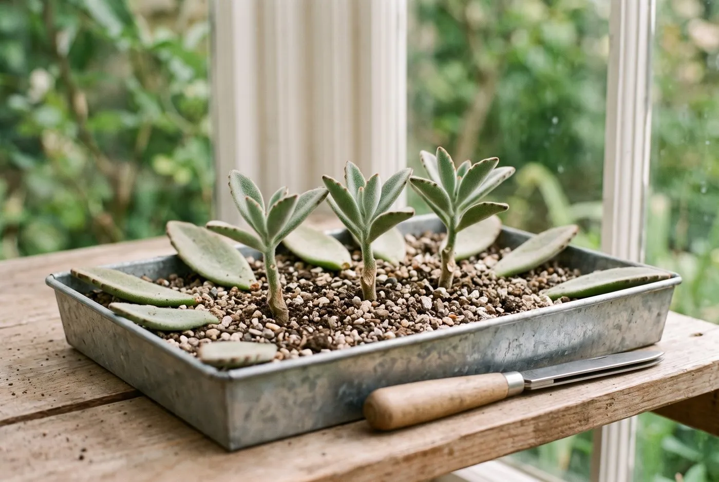 Kalanchoe leaf cuttings laid on gritty compost with stem cuttings pushed in to root, in a tray by a conservatory window