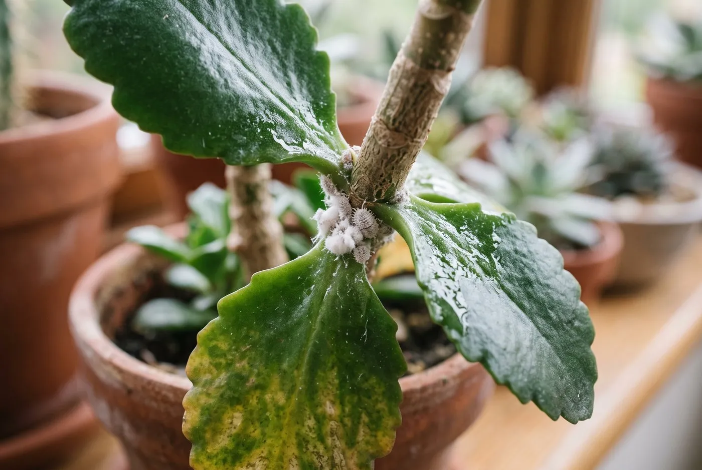 A kalanchoe leaf joint showing white cotton-wool mealybug clusters and sticky honeydew damage on a succulent stem