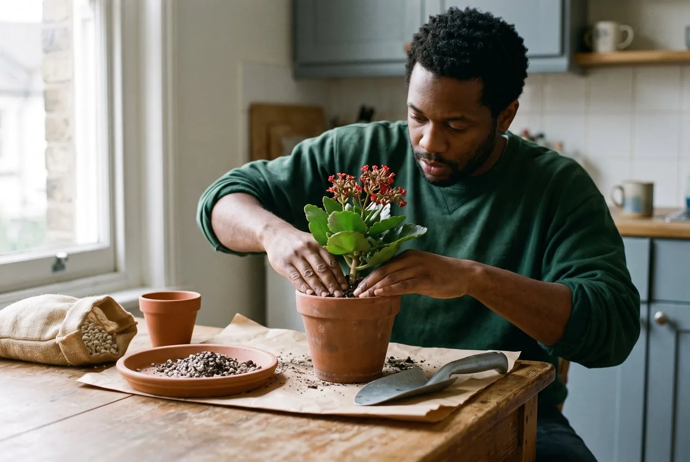 A Black man in his thirties repotting a kalanchoe into gritty free-draining compost, hands firming the mix down