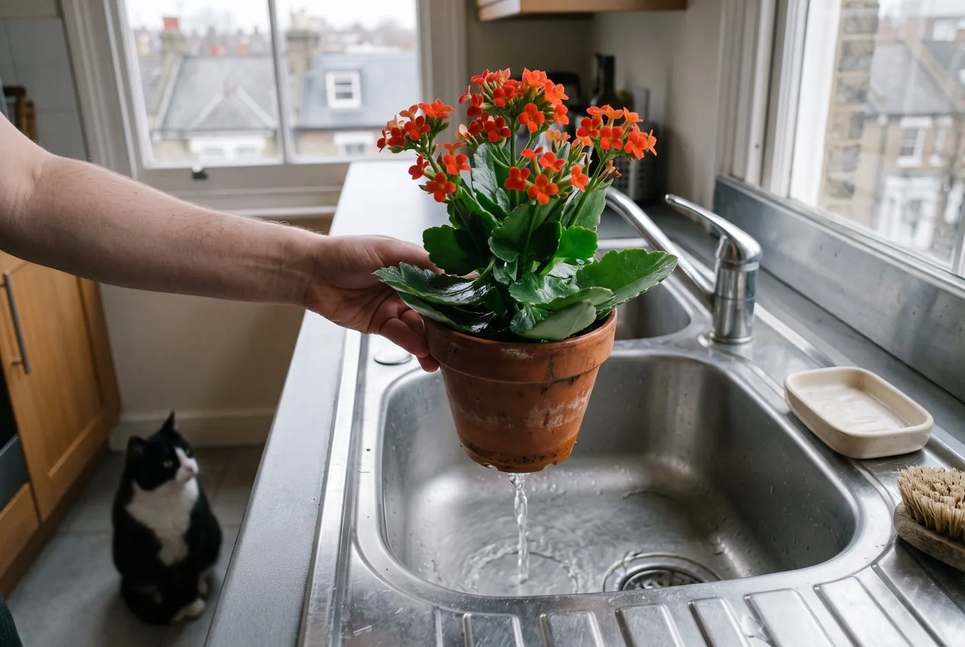 A kalanchoe pot being watered at the sink so it drains fully, following the soak and dry method, in a UK flat kitchen