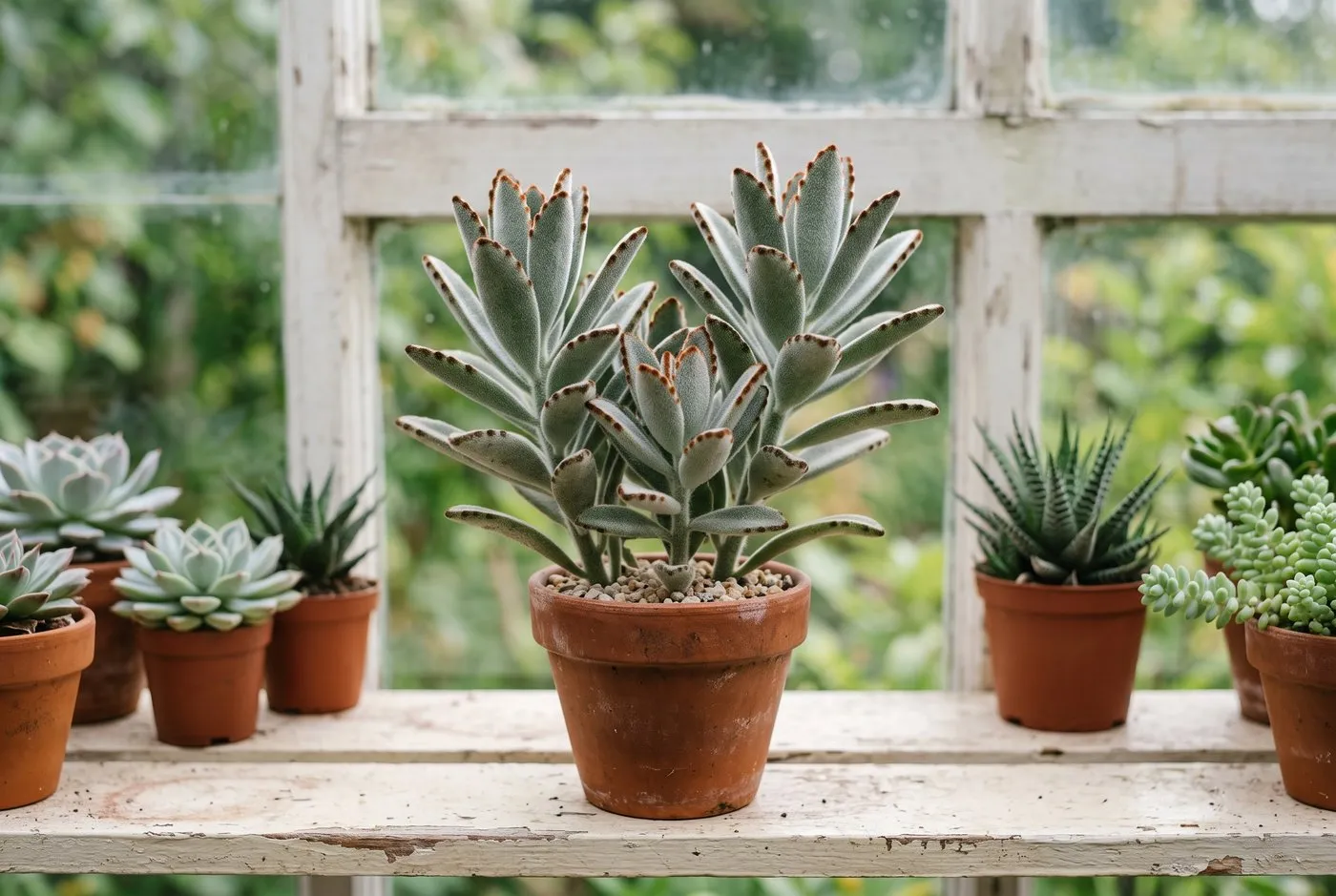Kalanchoe tomentosa panda plant showing felted silver-grey leaves edged with brown markings on a shelf in a UK conservatory