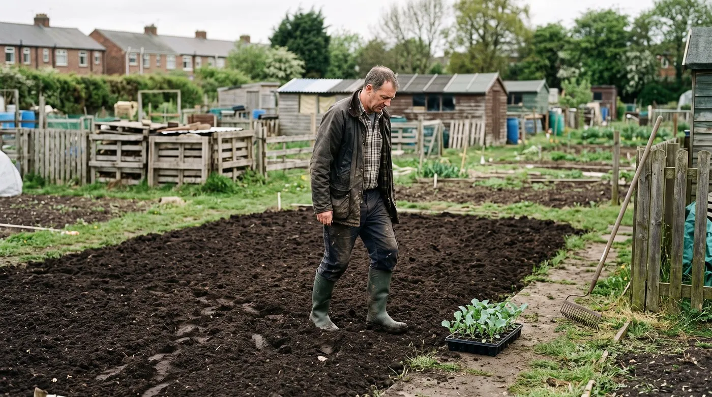 Man in wellies treading down a composted bed to firm the soil before planting kale
