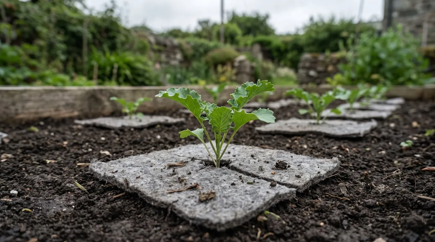 Young kale plant with a felt brassica collar fitted around the base of its stem
