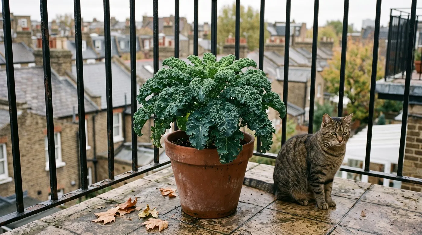 Dwarf Green Curled kale in a pot on a city balcony with a tabby cat sitting beside it