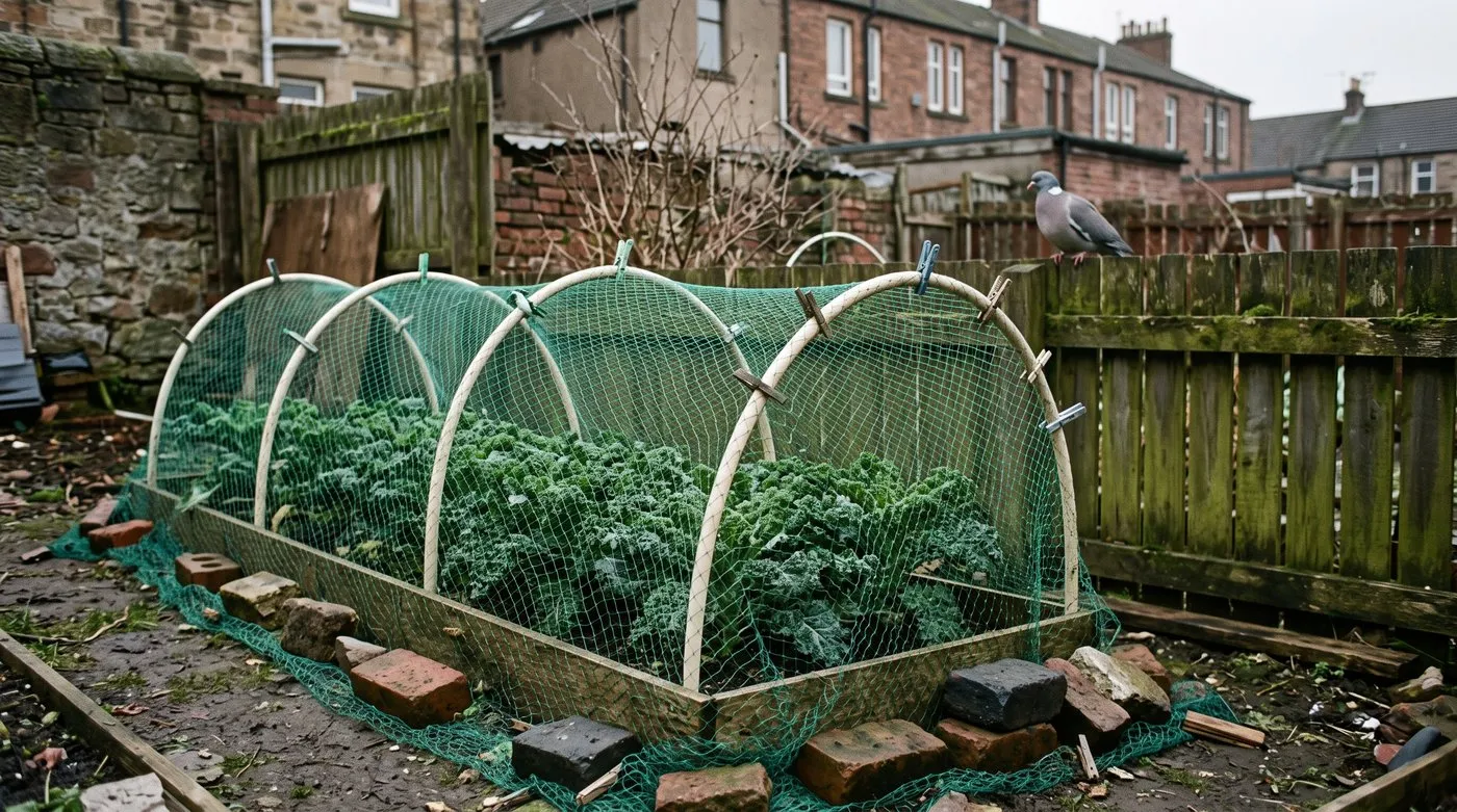Kale row under bird netting held high on hoops, edges weighed down with bricks, with a pigeon nearby