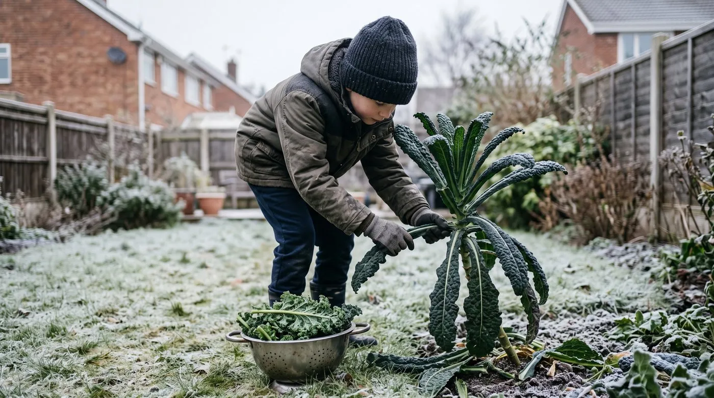 Boy snapping outer leaves off a Cavolo Nero kale plant on a frosty winter morning