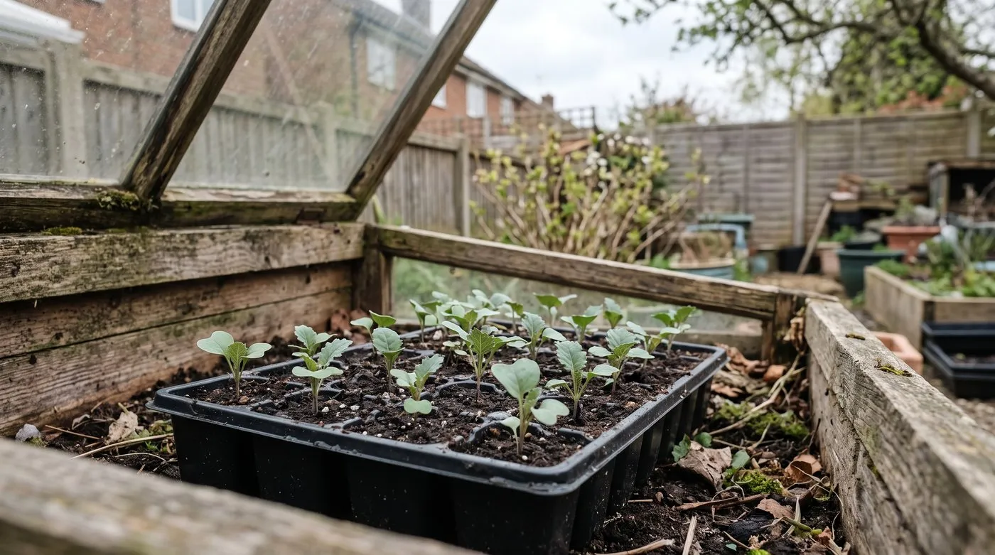 Kale seedlings with their first true leaves in a module tray inside a wooden cold frame