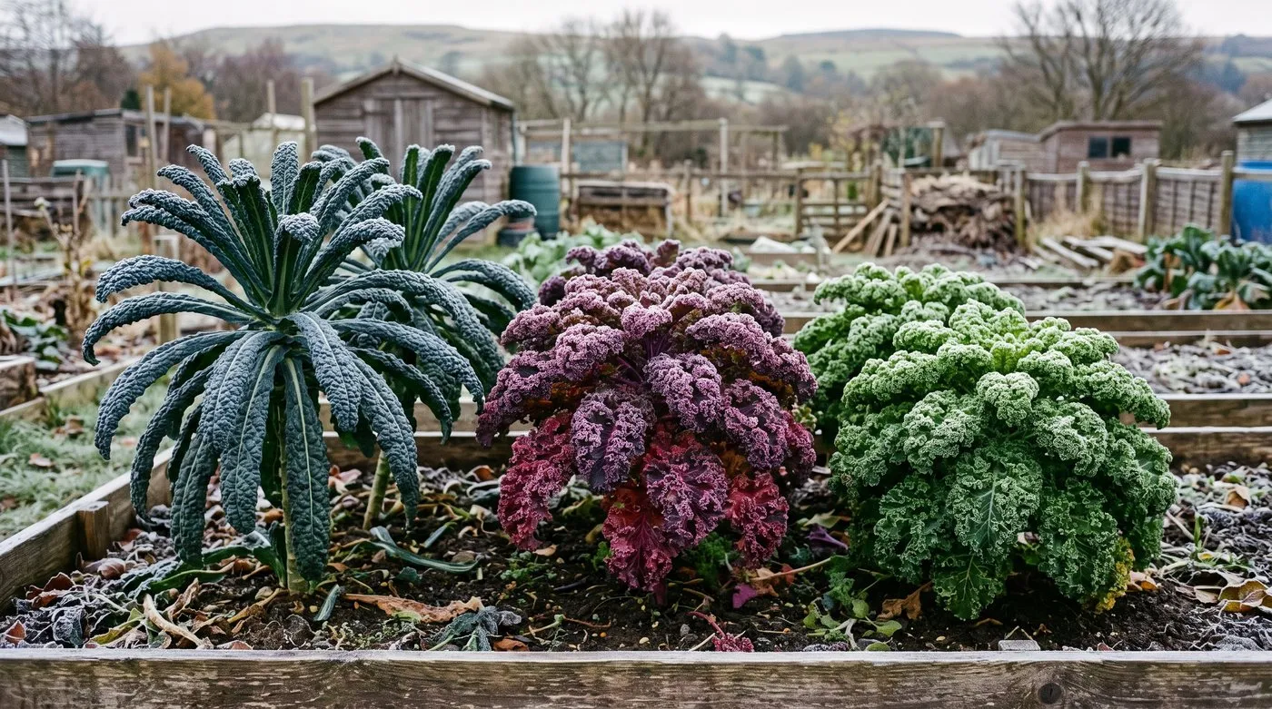 Cavolo Nero, Redbor and Dwarf Green Curled kale growing side by side on a frosty allotment