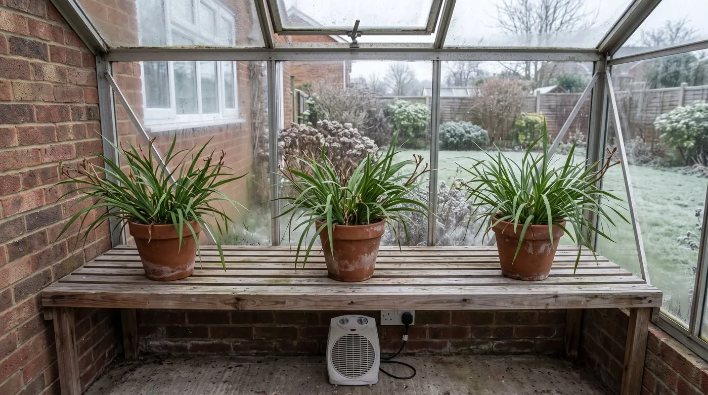 Potted kangaroo paw plants with flower stems cut back, spaced out on greenhouse staging in winter