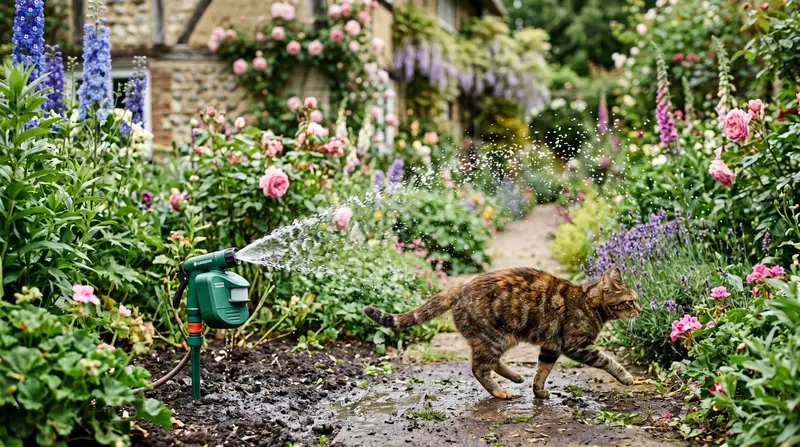A UK cottage garden flowerbed with a motion-activated water sprayer in the foreground and a tabby cat visibly retreating