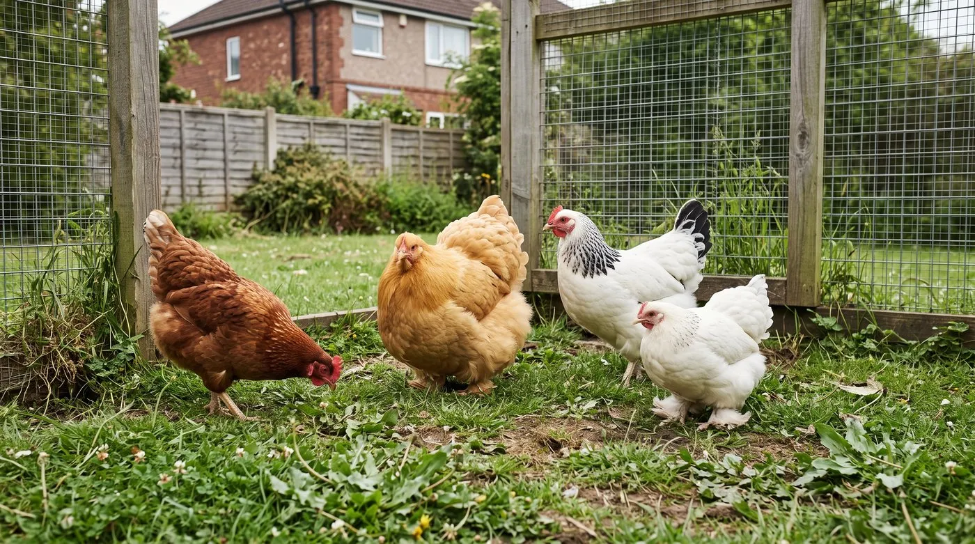 Four beginner-friendly hens in a garden run: a brown hybrid, Buff Orpington, Light Sussex and Pekin bantam