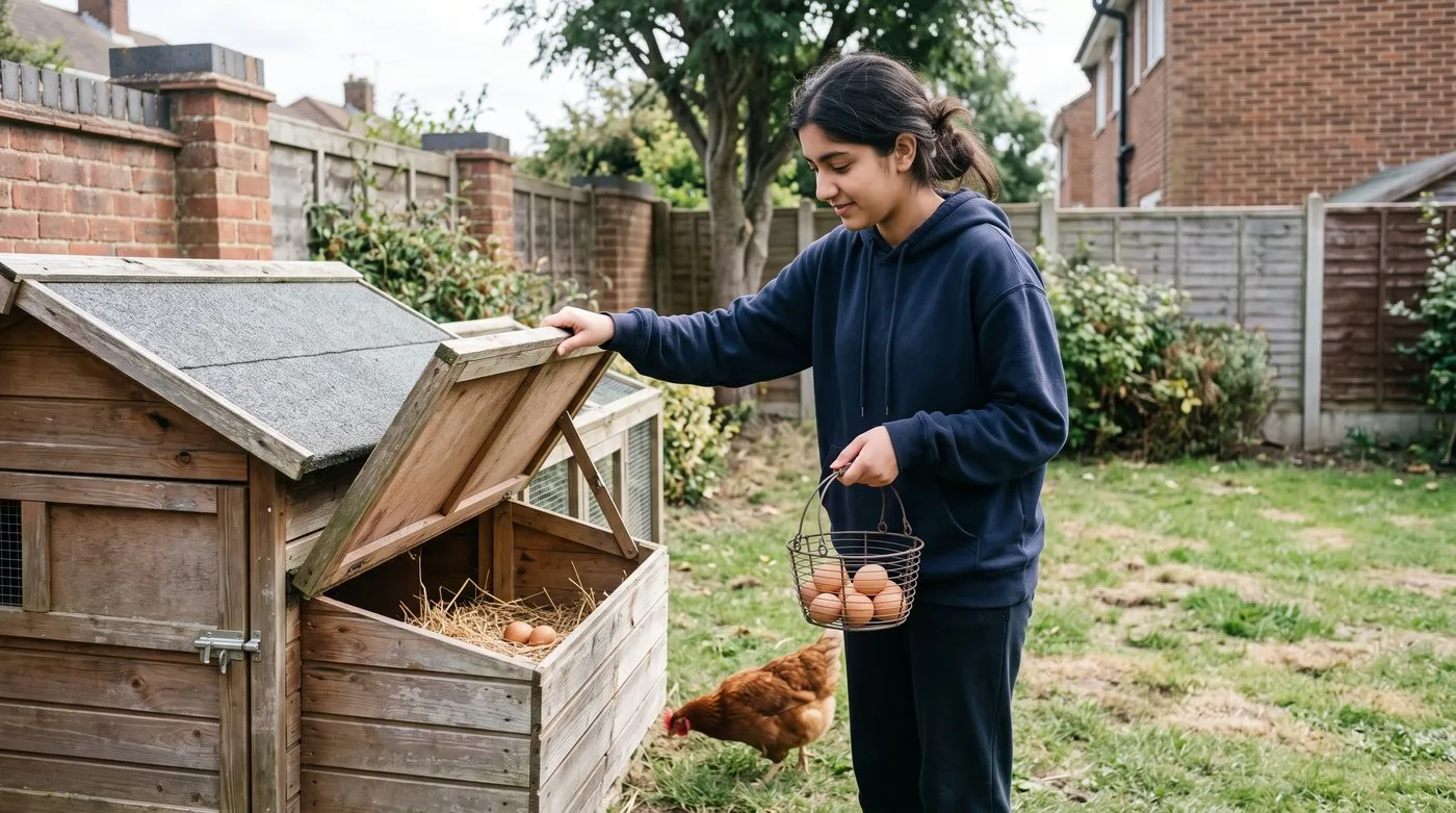 Teenage girl collecting brown eggs from a wooden coop nest box in a suburban garden