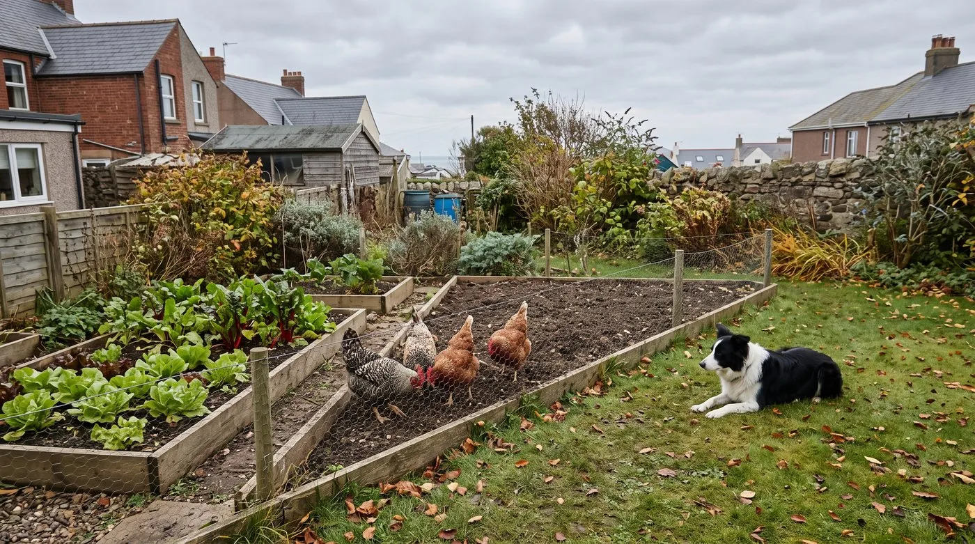 Hens scratching in a netted-off empty veg bed beside a bed of lettuce and chard, with a collie watching on the lawn