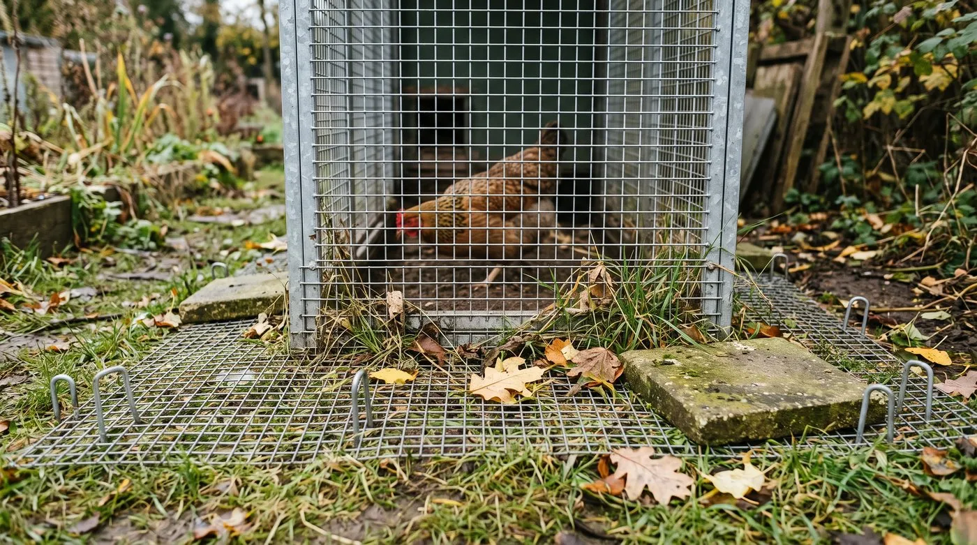 Welded mesh apron pegged flat on the ground around the base of a chicken run to stop foxes digging