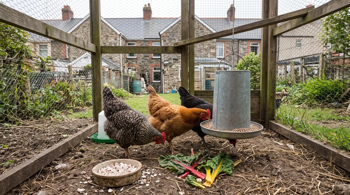 Hens eating layers pellets from a hanging feeder with fresh chard leaves and oyster shell nearby