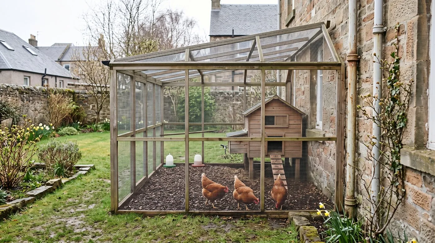 Walk-in chicken run of timber and welded mesh with a raised coop and hens on bark chippings