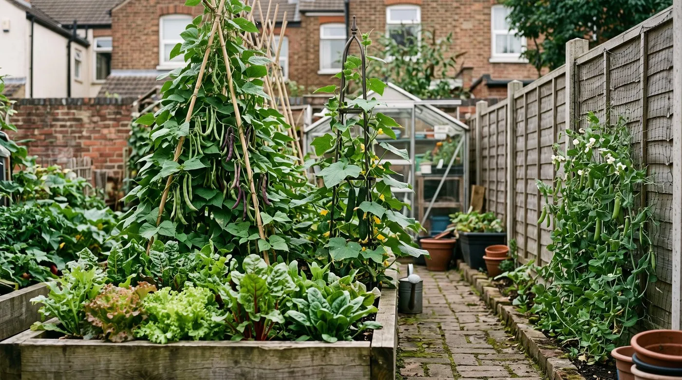 Climbing beans on a tall cane wigwam and a cucumber on an obelisk in a small kitchen garden