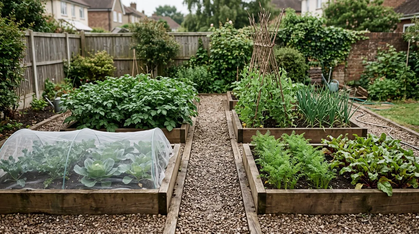 Four raised beds holding potatoes, peas and onions, brassicas and roots, with gravel paths between