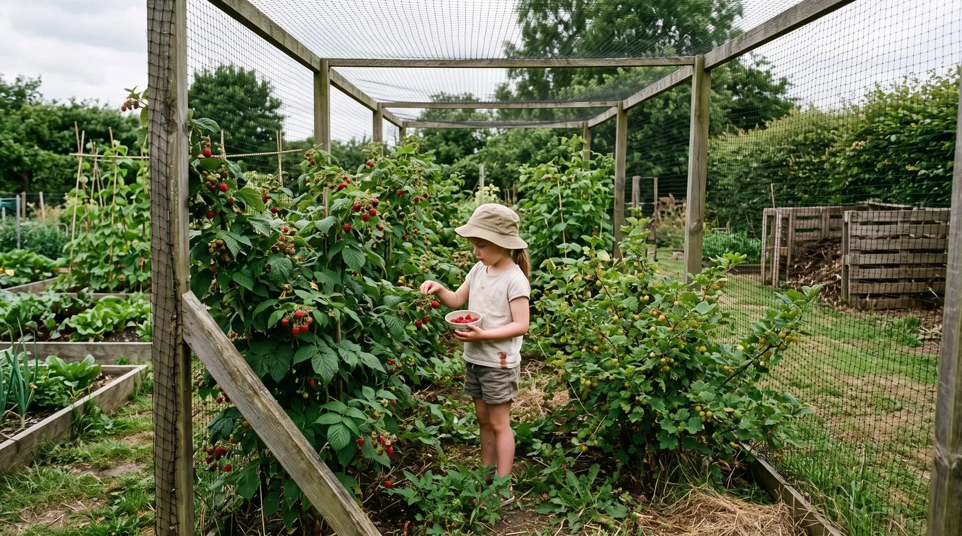 A young girl picking raspberries inside a netted fruit cage at the end of a kitchen garden
