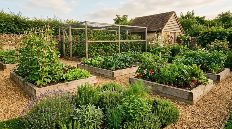 Kitchen garden design with raised beds, gravel paths and mixed vegetables in a sunny UK garden