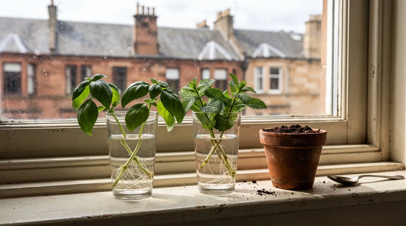 Basil and mint cuttings with white roots in glasses of water beside a pot of compost on a windowsill