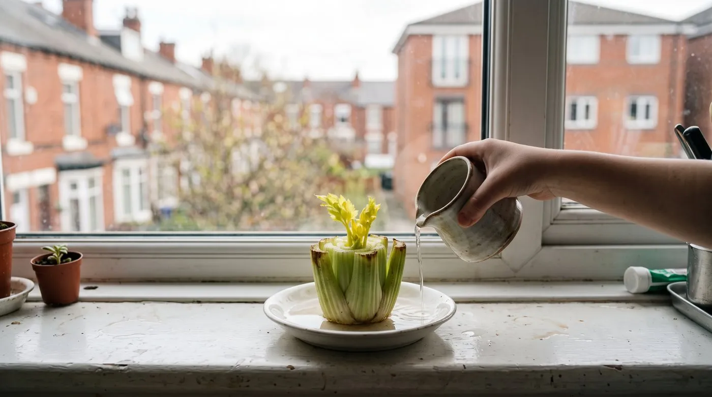 Celery base regrowing new leaves from the centre in a saucer of water on a kitchen windowsill