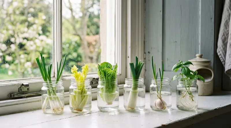 Six glass jars on a UK kitchen windowsill regrowing spring onion, celery, lettuce, leek