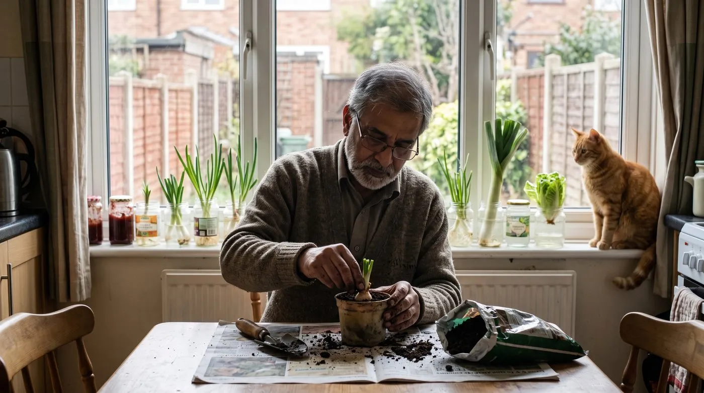 Man potting a rooted spring onion into compost beside a windowsill of regrowing kitchen scraps and a cat