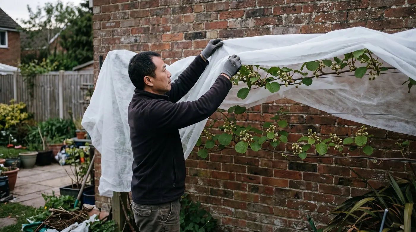 Man draping white fleece over a kiwi vine on a brick wall at dusk to protect the flowers from frost