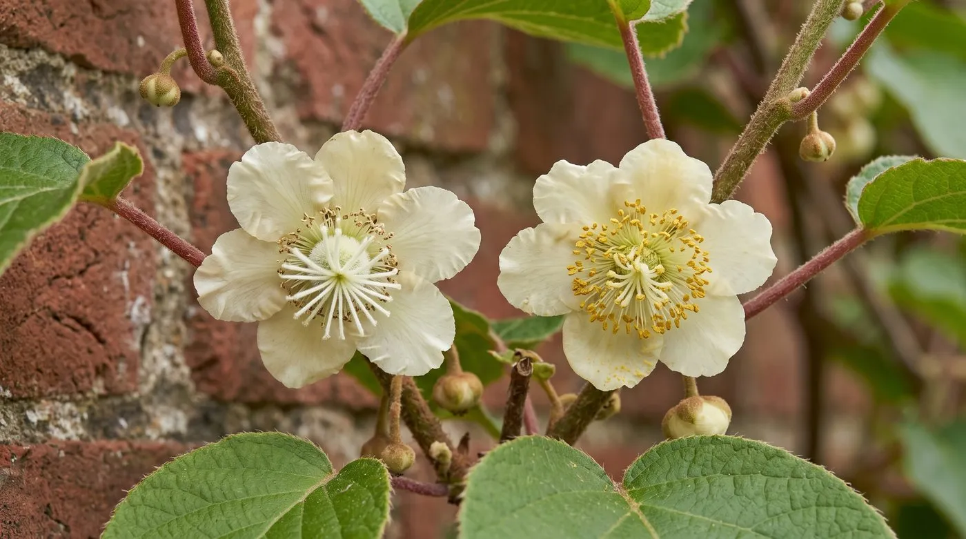 Female kiwi flower with white radiating stigmas next to a male flower full of yellow stamens