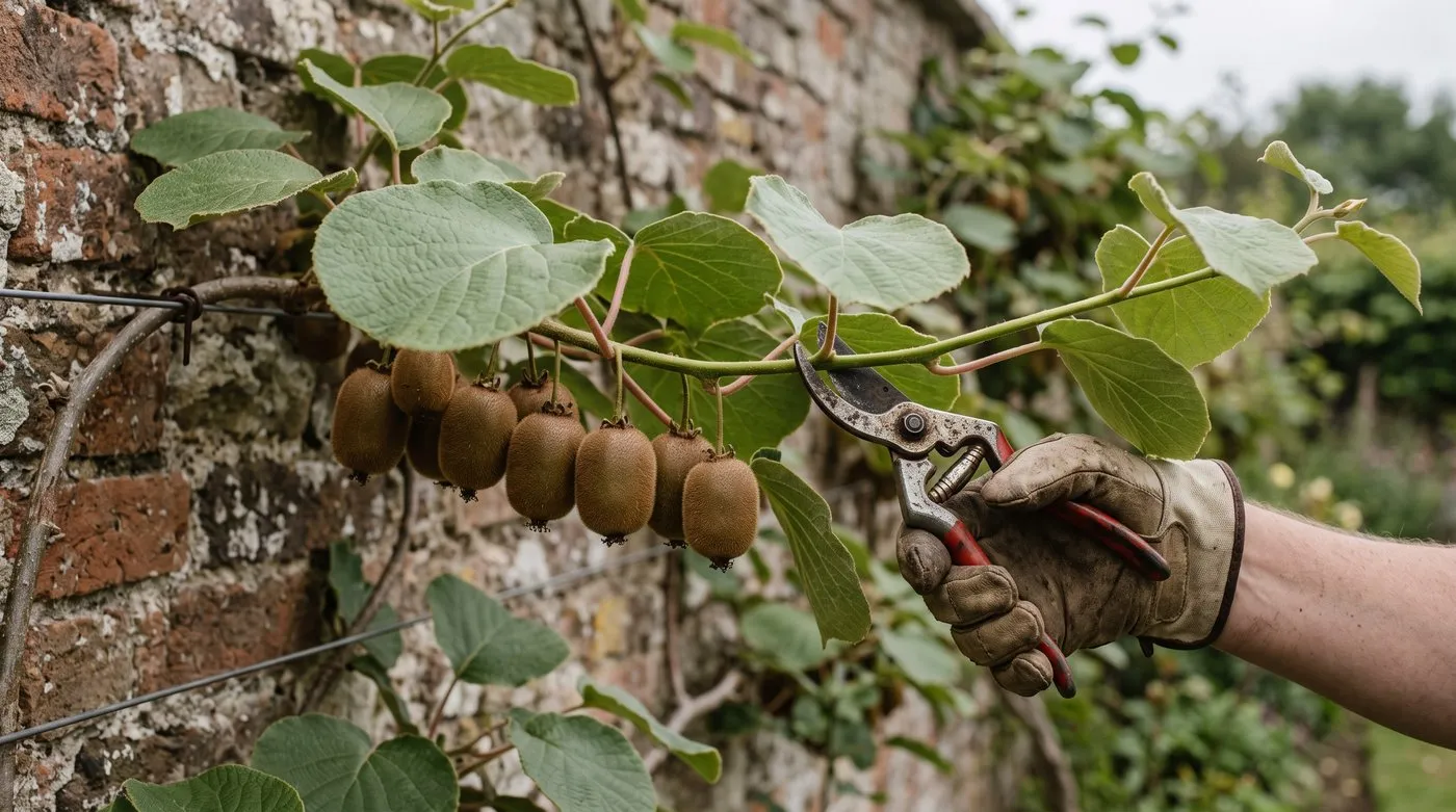 Secateurs cutting a kiwi side shoot several leaves beyond a cluster of young fuzzy fruits