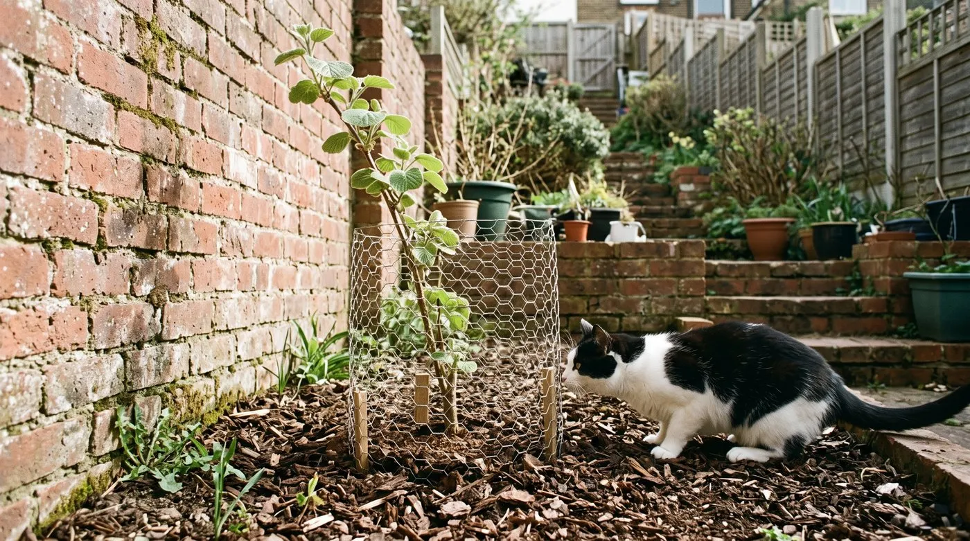 Young kiwi vine protected by a wire netting guard, with a curious cat sniffing at it