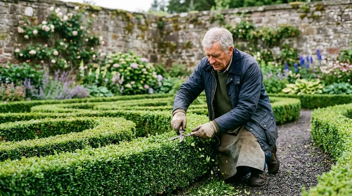 Gardener clipping a knot garden ribbon with hand shears in a Scottish walled garden