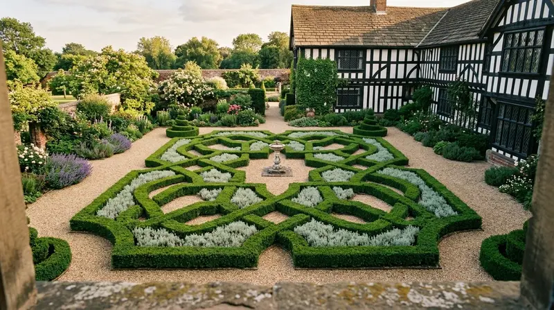 Interlacing knot garden of clipped green and silver hedging viewed from above at a Tudor manor
