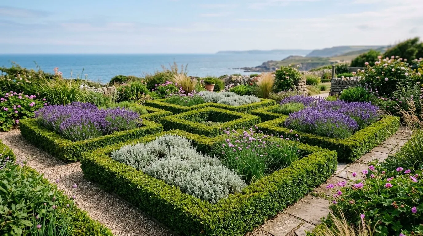 Closed knot garden compartments infilled with thyme, chives and lavender in a coastal garden