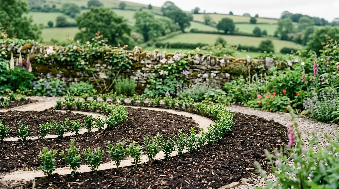 Newly planted knot garden ribbons of young Ilex crenata following sand lines in a Welsh garden