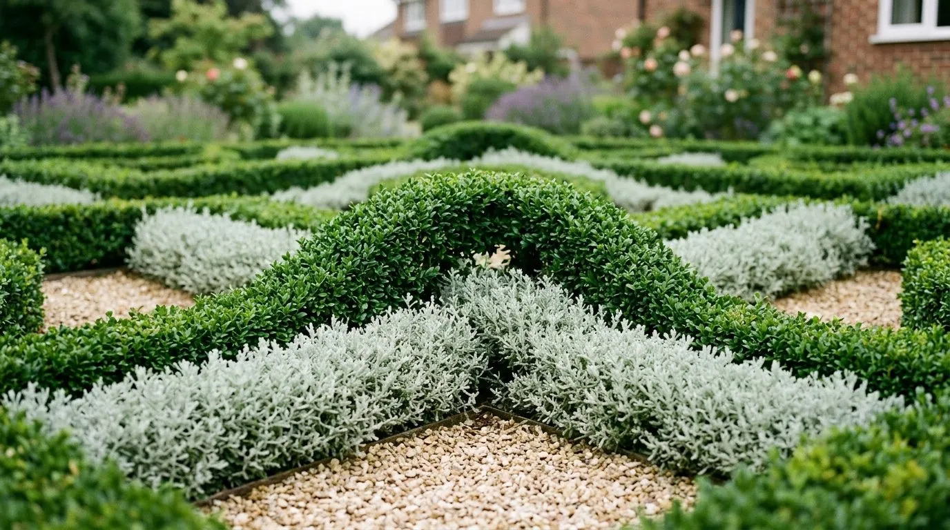 Close-up of a knot garden crossing where a green clipped ribbon passes over silver santolina