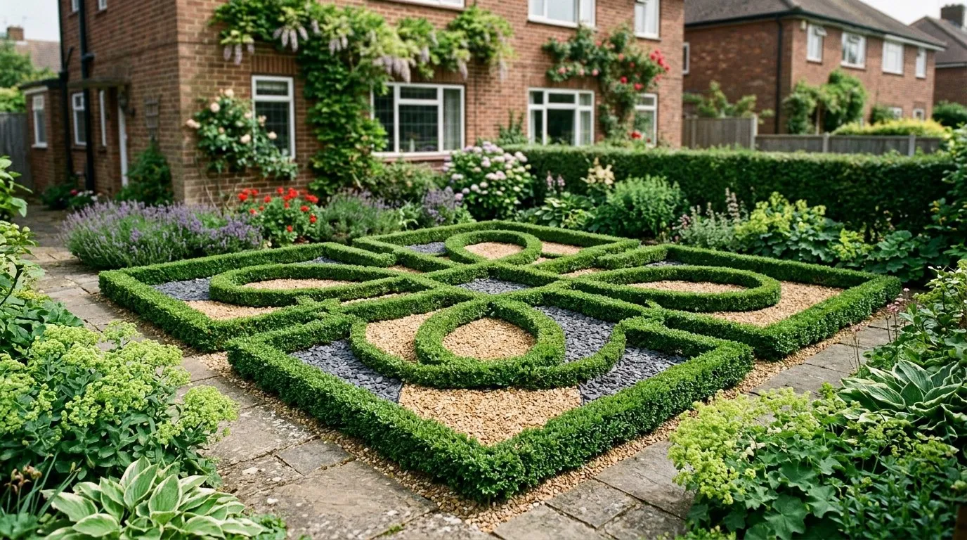 Open knot garden with buff and slate gravel infill in a suburban front garden