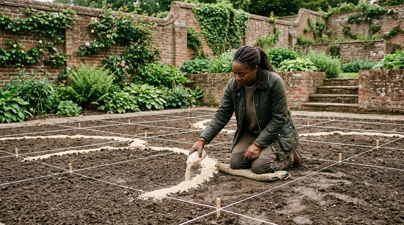 Setting out a knot garden pattern with string grid and sand lines in a terraced back garden