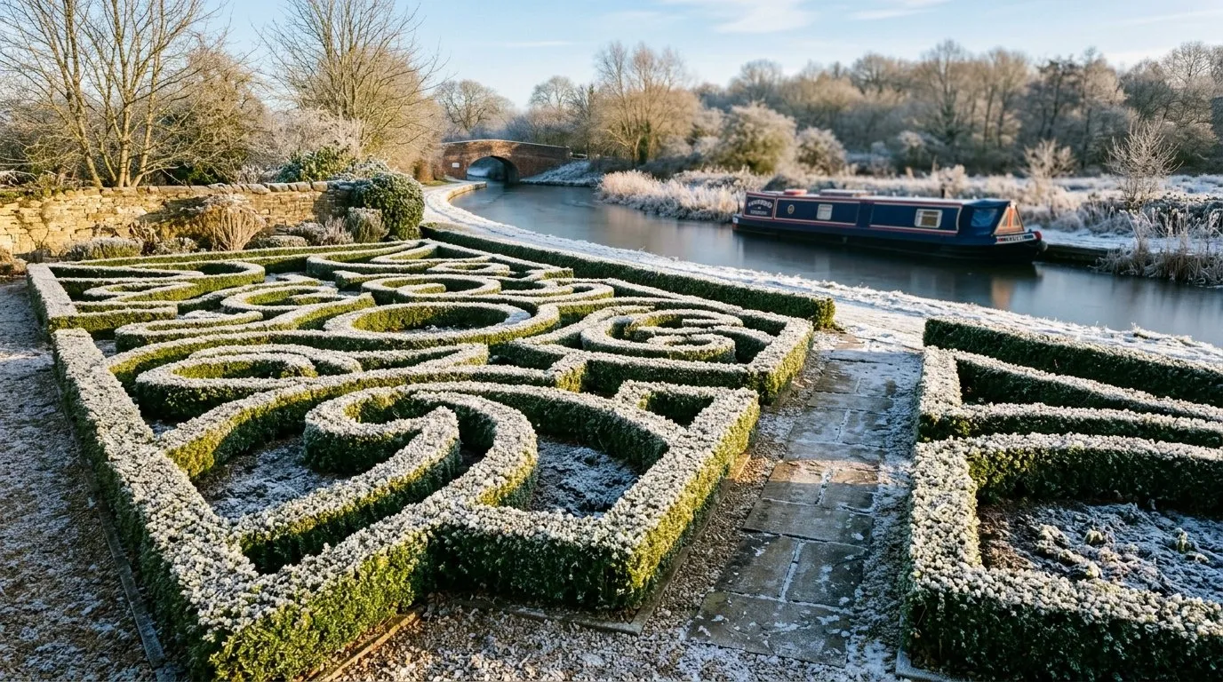 Evergreen knot garden pattern outlined by frost in low winter sun beside a canal