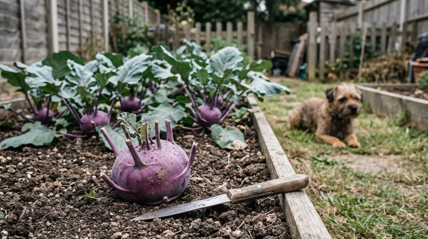 Freshly cut purple kohlrabi the size of a tennis ball beside a knife, with a terrier on the path