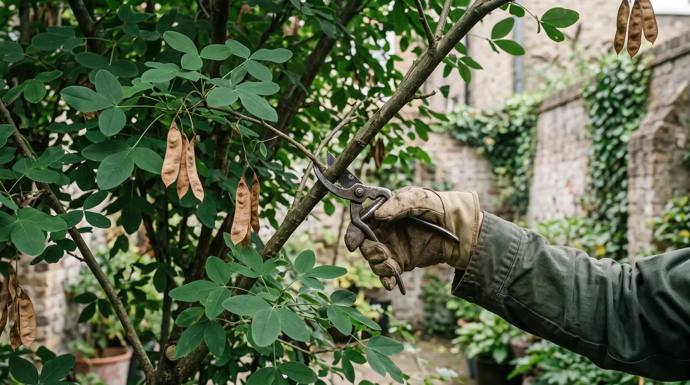 Gloved hand cutting a crossing branch from a leafy laburnum tree in late summer