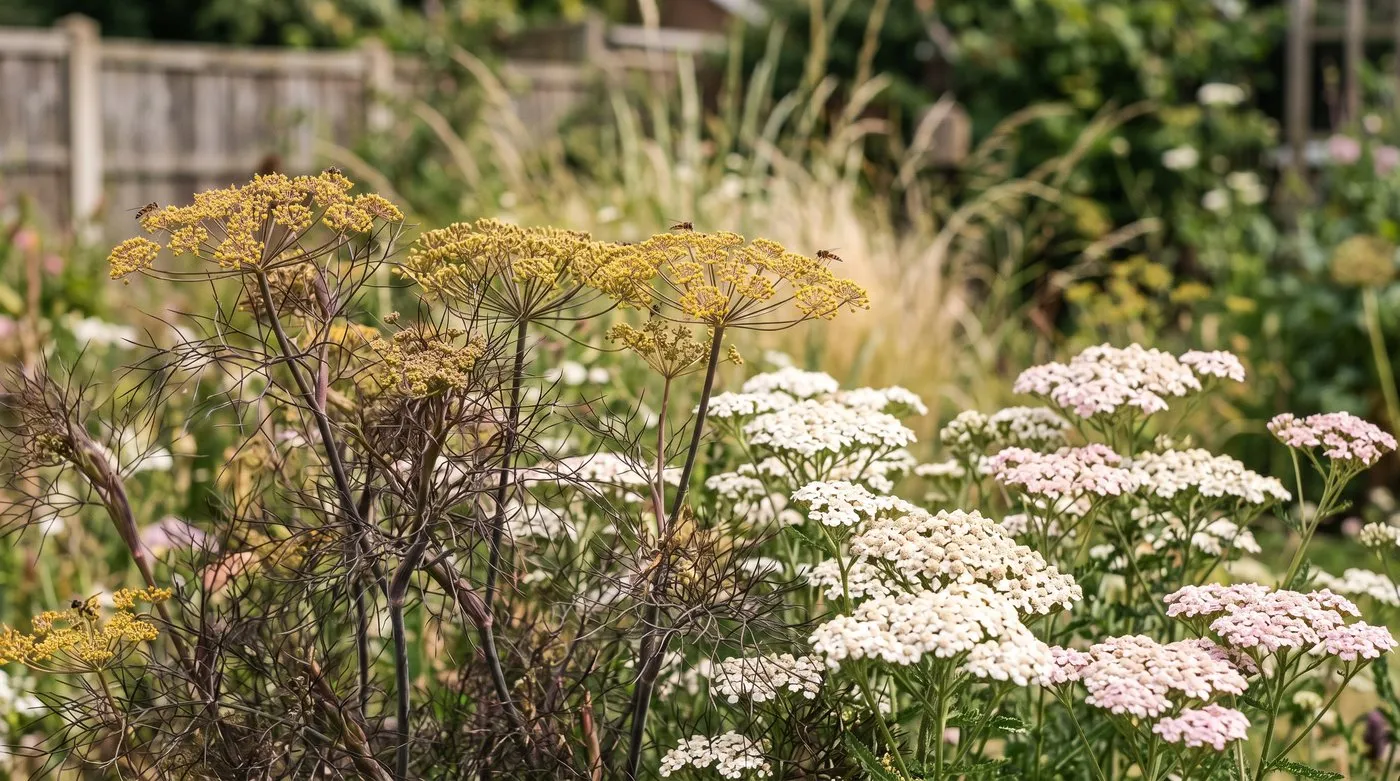 Flat-topped yellow fennel flowers and white yarrow in a sunny summer border