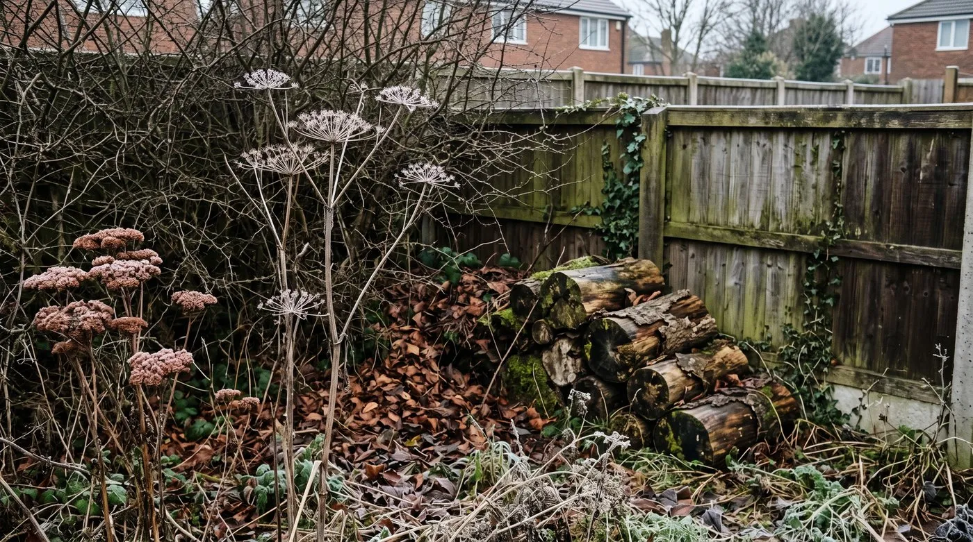 Dead stems, leaf litter and a log stack left in a garden corner for overwintering ladybirds