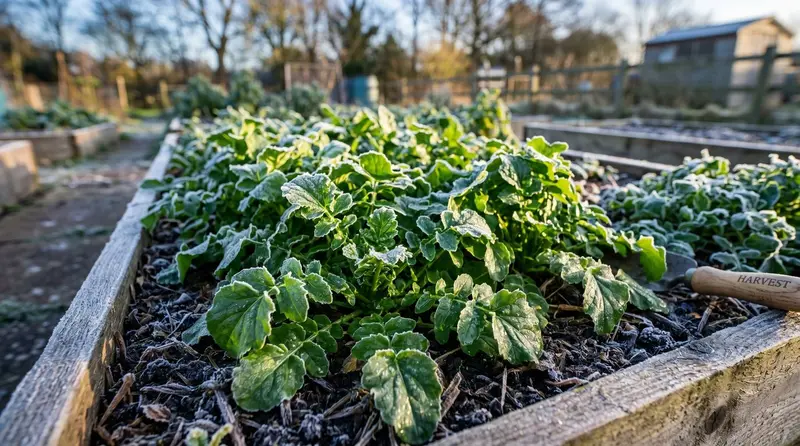 Glossy green landcress leaves in a UK winter raised bed covered with a light frost showing the hardy peppery salad ready for