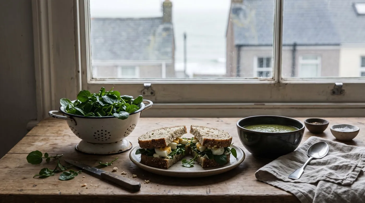 Colander of freshly picked landcress leaves beside a sandwich and a bowl of green soup on a kitchen worktop