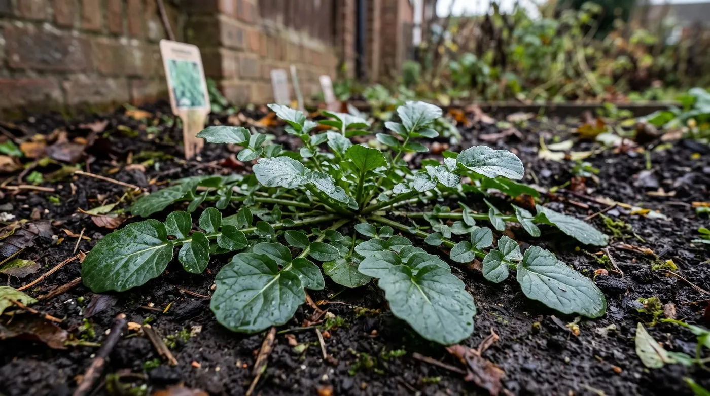 Close-up of a landcress rosette with glossy dark green leaves, each with a large rounded end lobe