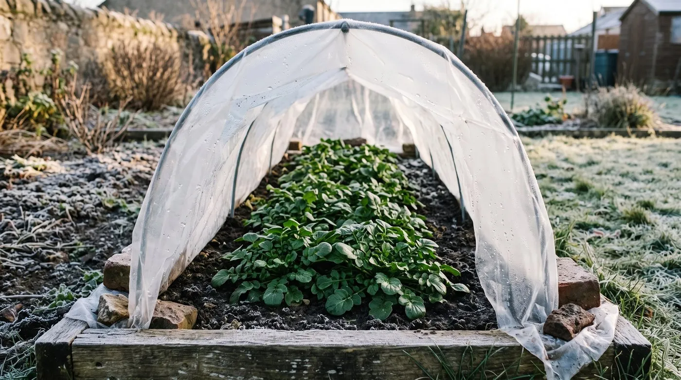 Landcress rosettes growing under a clear plastic cloche in a raised bed on a frosty winter morning