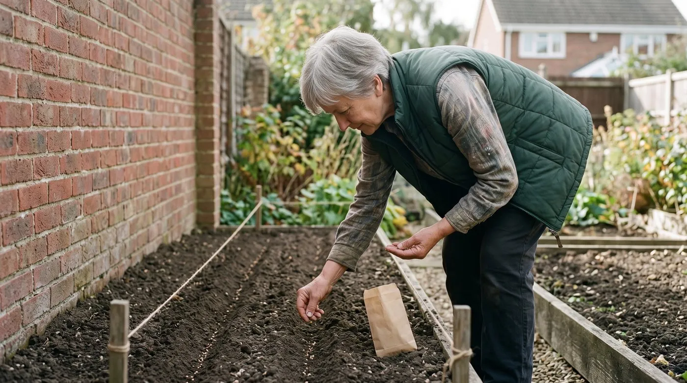 Older woman sowing larkspur seed thinly into shallow drills in raked soil in September
