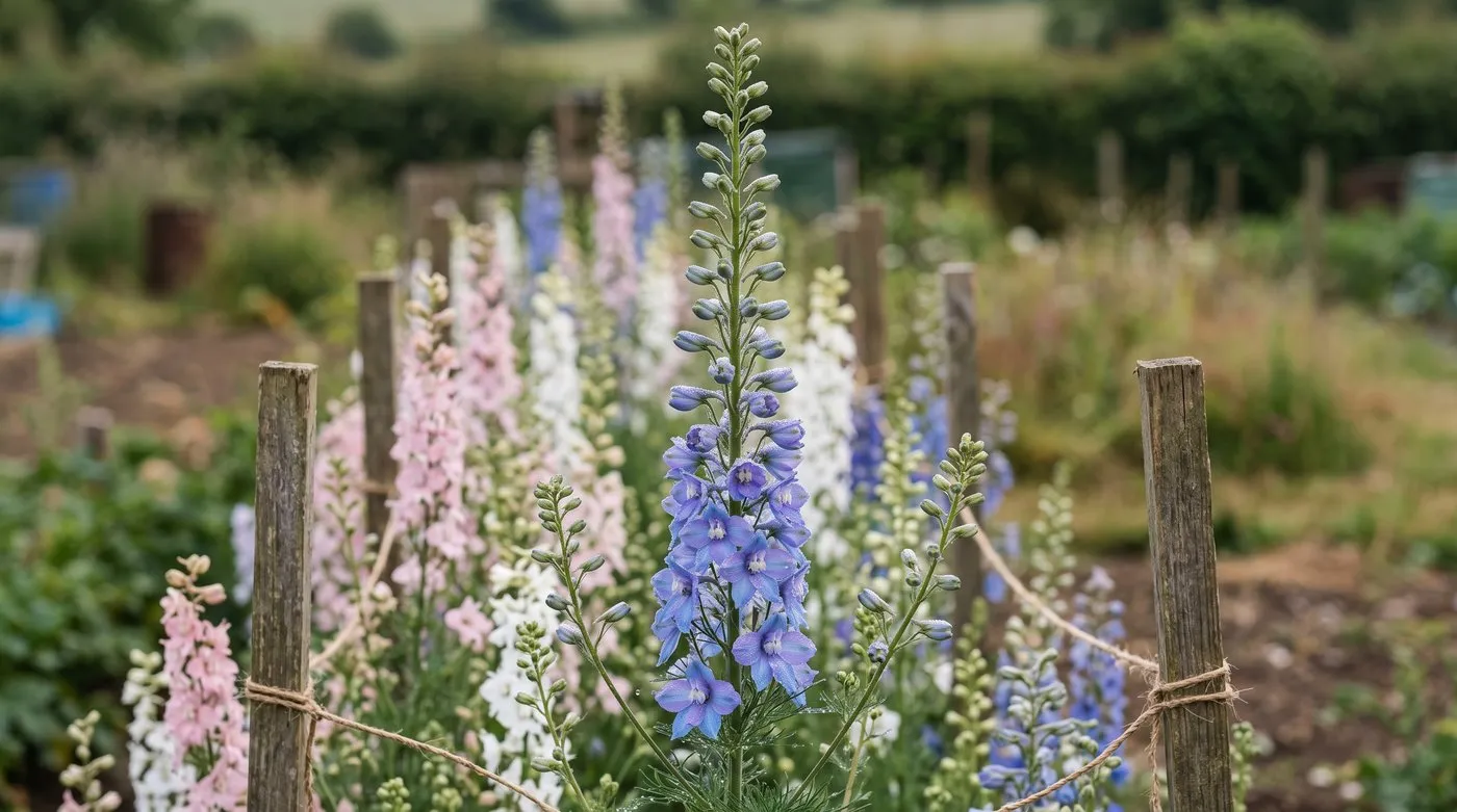 Larkspur spike with the lower third of its blue flowers open, at the right stage for cutting